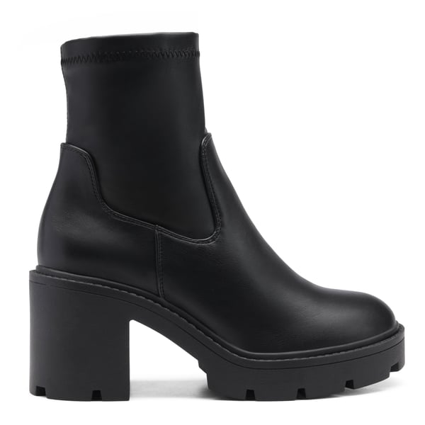 Elastic Chunky Heel Lug Sole Booties - BLACK PU - 2